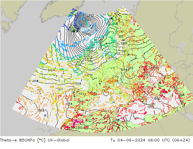 Theta-e 850гПа UK-Global вт 04.06.2024 06 UTC