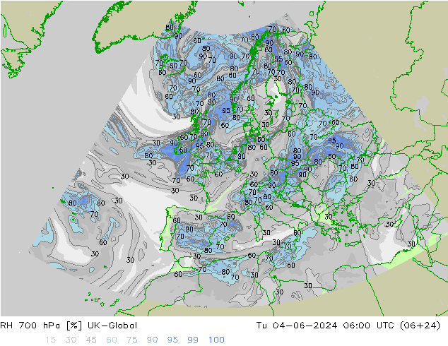 RH 700 hPa UK-Global Tu 04.06.2024 06 UTC