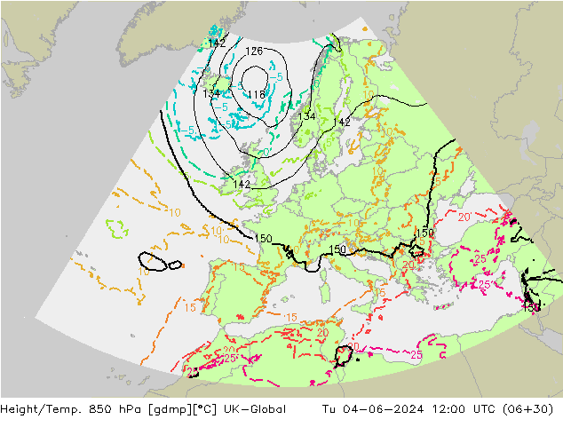 Height/Temp. 850 hPa UK-Global Tu 04.06.2024 12 UTC