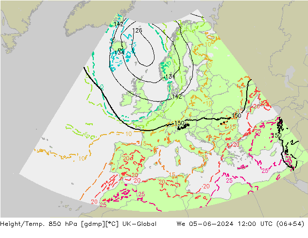 Height/Temp. 850 hPa UK-Global St 05.06.2024 12 UTC