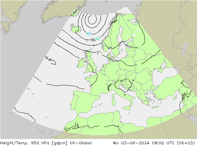 Height/Temp. 950 hPa UK-Global Mo 03.06.2024 09 UTC