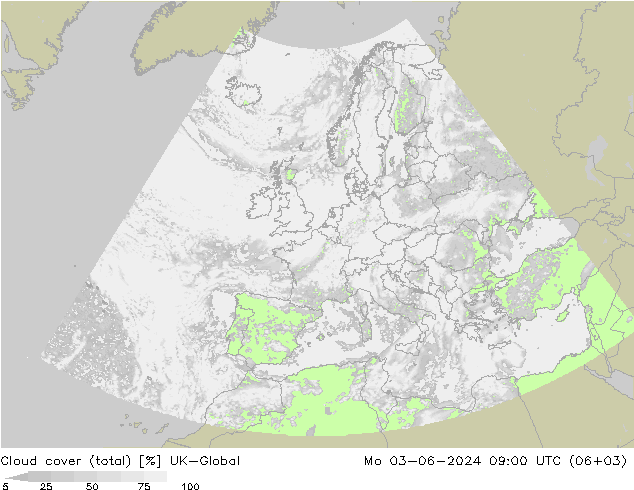 Cloud cover (total) UK-Global Mo 03.06.2024 09 UTC