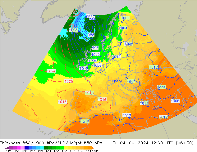 Thck 850-1000 hPa UK-Global mar 04.06.2024 12 UTC