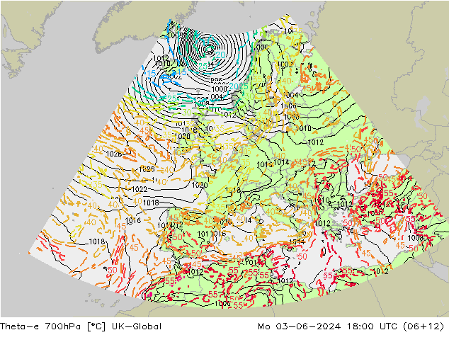 Theta-e 700гПа UK-Global пн 03.06.2024 18 UTC