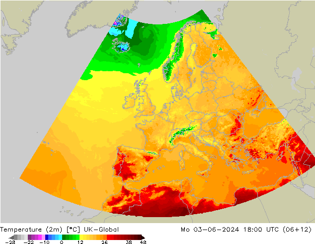 Temperature (2m) UK-Global Mo 03.06.2024 18 UTC