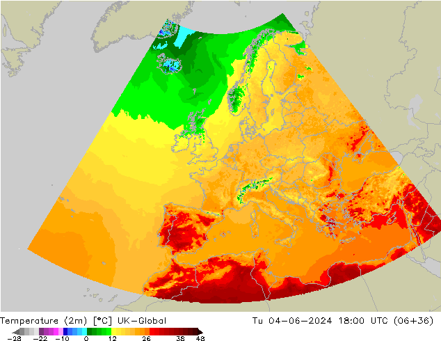 Temperatura (2m) UK-Global mar 04.06.2024 18 UTC