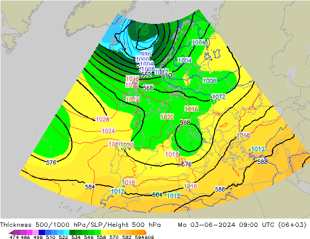 Espesor 500-1000 hPa UK-Global lun 03.06.2024 09 UTC