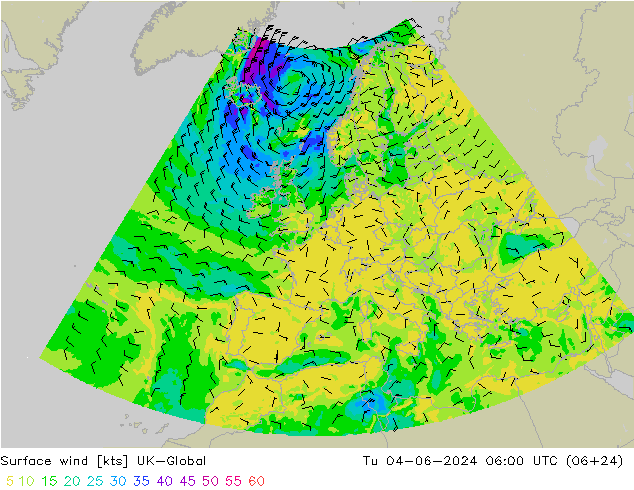 Surface wind UK-Global Tu 04.06.2024 06 UTC