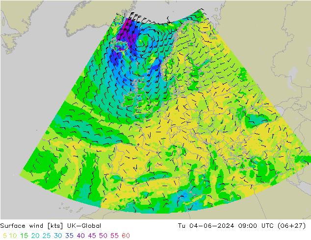 Surface wind UK-Global Út 04.06.2024 09 UTC