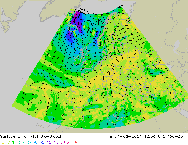 Surface wind UK-Global Tu 04.06.2024 12 UTC