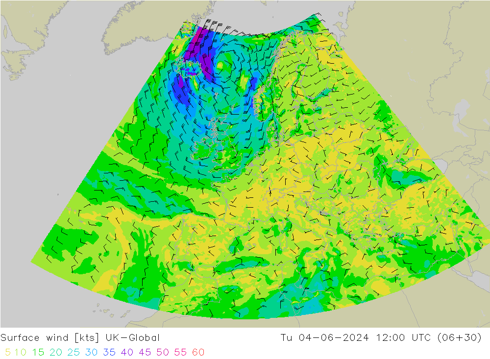 Surface wind UK-Global Tu 04.06.2024 12 UTC