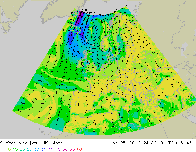 Viento 10 m UK-Global mié 05.06.2024 06 UTC