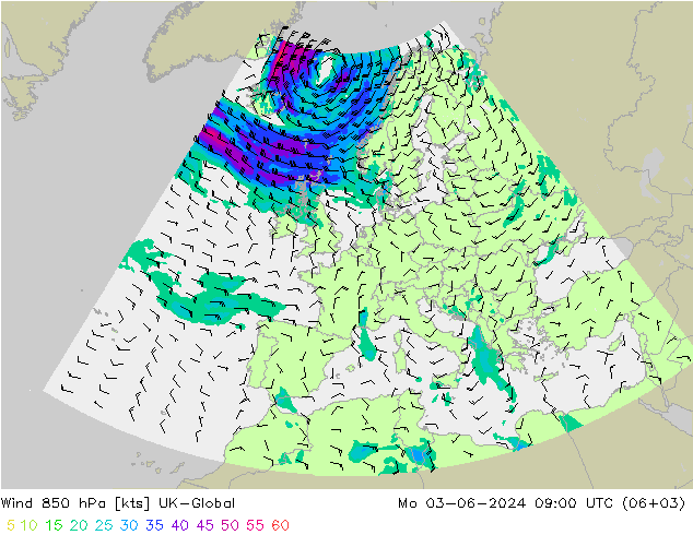 Wind 850 hPa UK-Global Po 03.06.2024 09 UTC