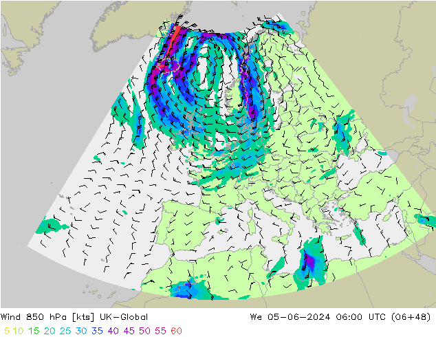 Wind 850 hPa UK-Global Mi 05.06.2024 06 UTC