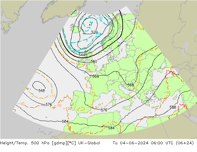 Height/Temp. 500 hPa UK-Global Tu 04.06.2024 06 UTC