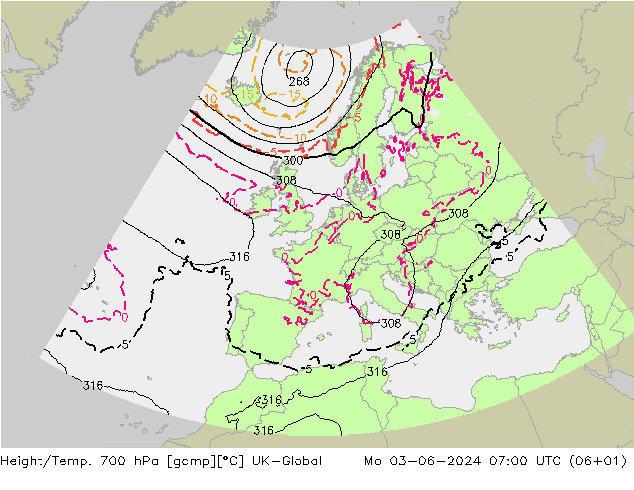 Height/Temp. 700 hPa UK-Global Mo 03.06.2024 07 UTC