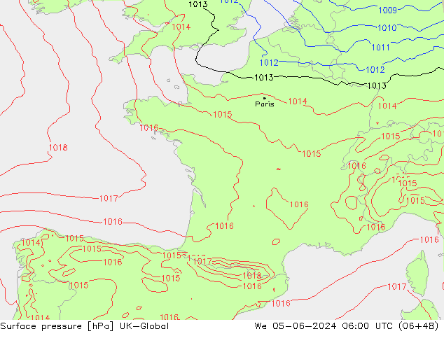 Pressione al suolo UK-Global mer 05.06.2024 06 UTC