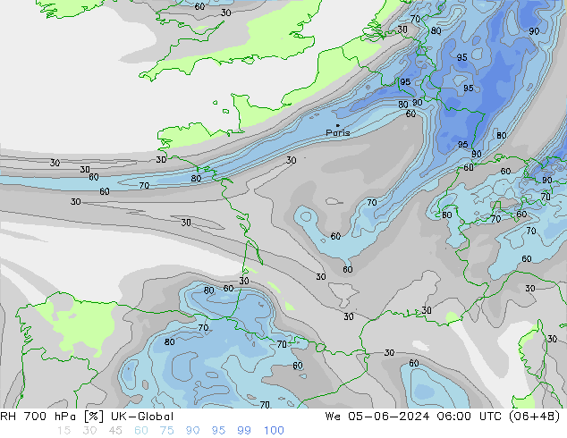 Humidité rel. 700 hPa UK-Global mer 05.06.2024 06 UTC