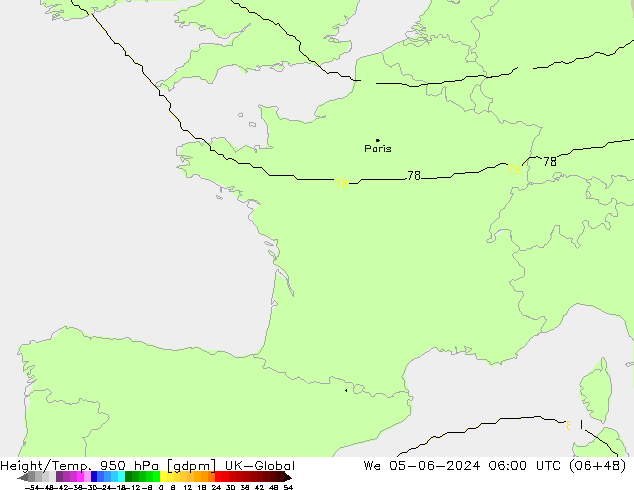 Height/Temp. 950 hPa UK-Global Mi 05.06.2024 06 UTC