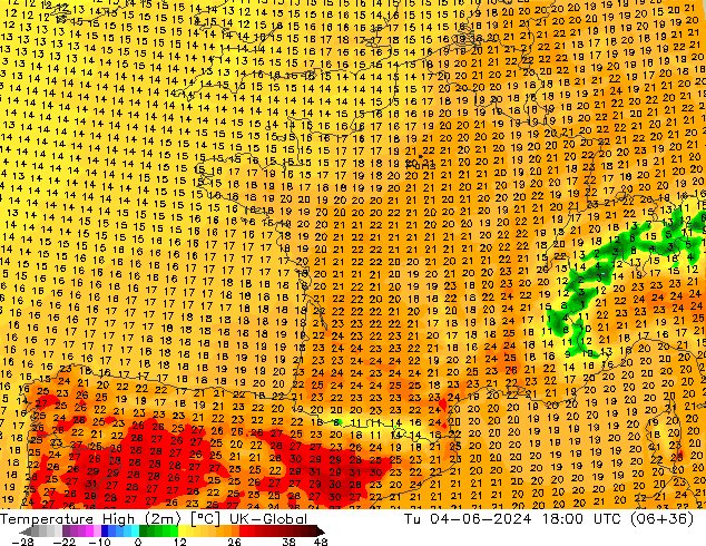Maksimum Değer (2m) UK-Global Sa 04.06.2024 18 UTC