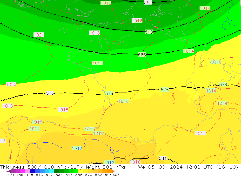 500-1000 hPa Kalınlığı UK-Global Çar 05.06.2024 18 UTC