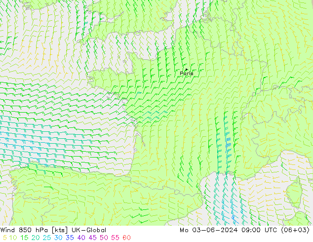 Wind 850 hPa UK-Global Mo 03.06.2024 09 UTC