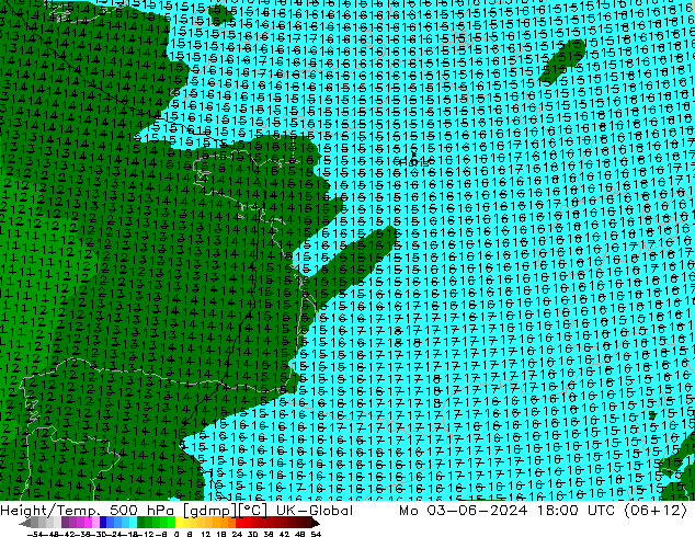 Height/Temp. 500 hPa UK-Global Mo 03.06.2024 18 UTC