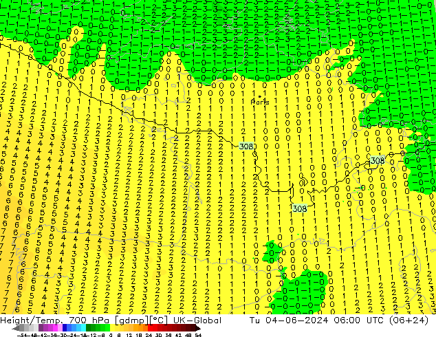 Height/Temp. 700 hPa UK-Global mar 04.06.2024 06 UTC