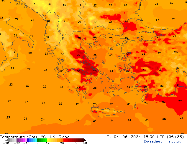 Sıcaklık Haritası (2m) UK-Global Sa 04.06.2024 18 UTC