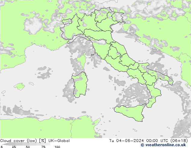 Cloud cover (low) UK-Global Tu 04.06.2024 00 UTC