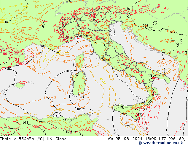 Theta-e 850hPa UK-Global We 05.06.2024 18 UTC