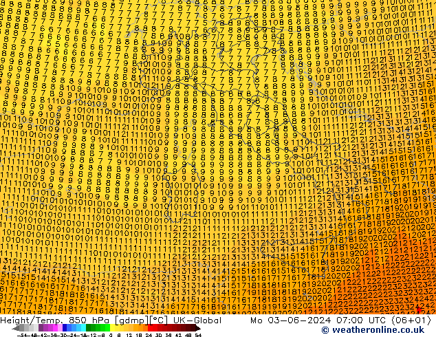 Geop./Temp. 850 hPa UK-Global lun 03.06.2024 07 UTC