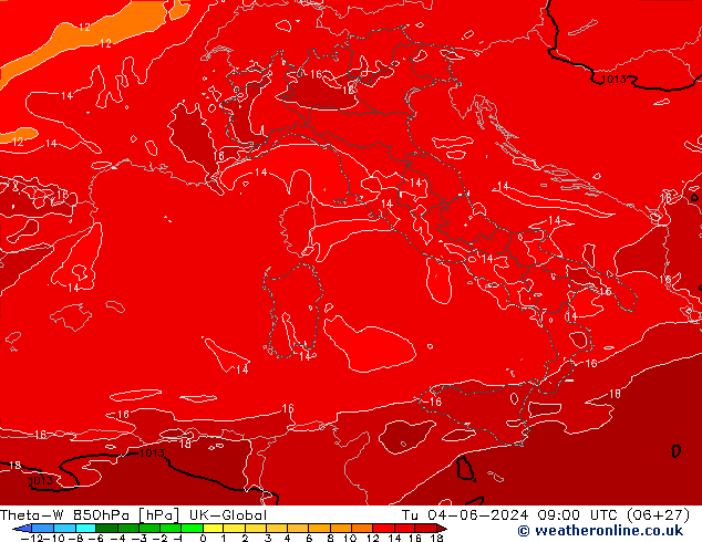 Theta-W 850hPa UK-Global  04.06.2024 09 UTC