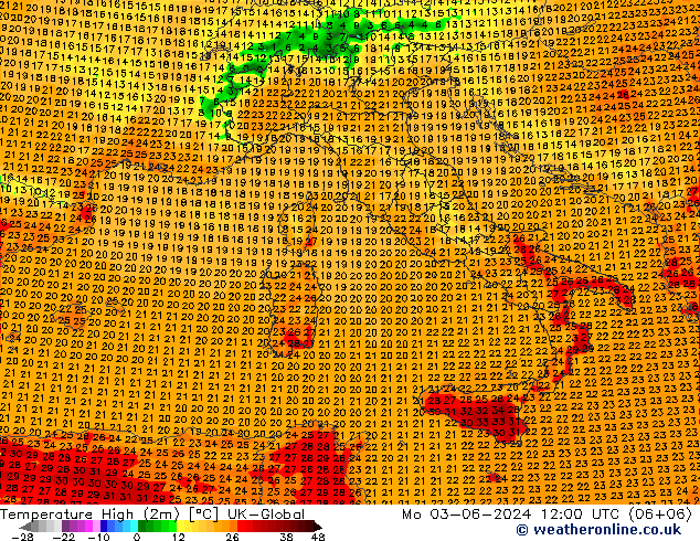 Max.temperatuur (2m) UK-Global ma 03.06.2024 12 UTC