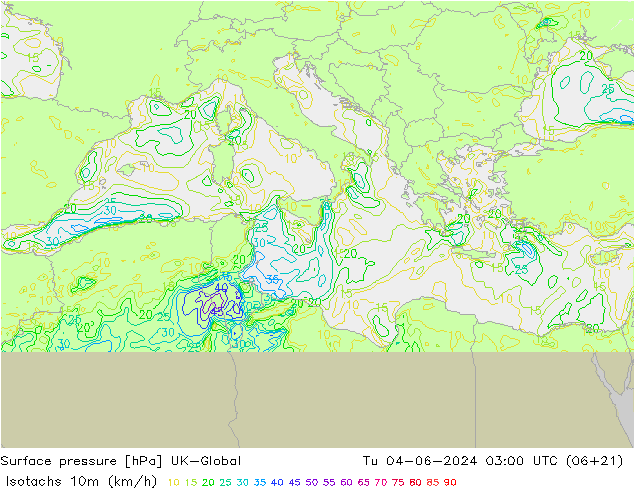 Isotachen (km/h) UK-Global Di 04.06.2024 03 UTC