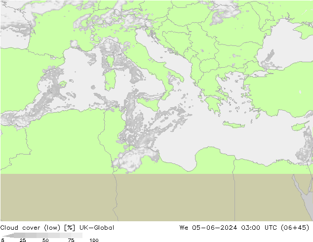 Cloud cover (low) UK-Global We 05.06.2024 03 UTC