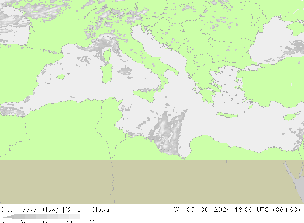 Cloud cover (low) UK-Global We 05.06.2024 18 UTC