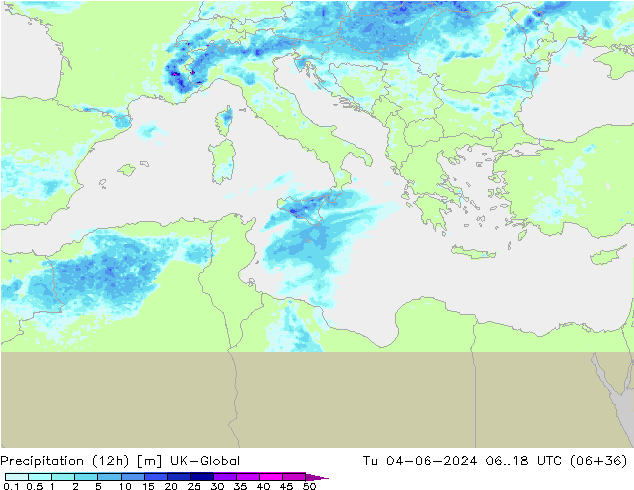 Precipitation (12h) UK-Global Tu 04.06.2024 18 UTC