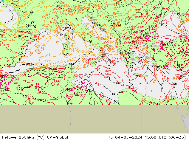 Theta-e 850hPa UK-Global Tu 04.06.2024 15 UTC