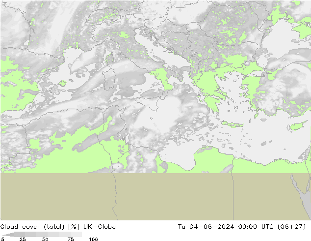 Cloud cover (total) UK-Global Út 04.06.2024 09 UTC