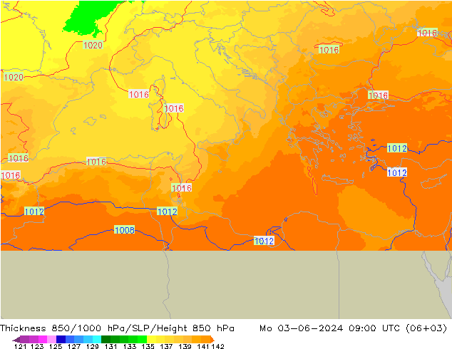 Dikte 850-1000 hPa UK-Global ma 03.06.2024 09 UTC