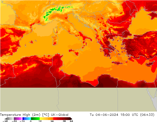 Темпер. макс 2т UK-Global вт 04.06.2024 15 UTC