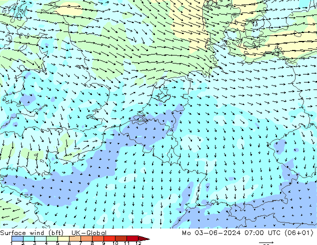 Vent 10 m (bft) UK-Global lun 03.06.2024 07 UTC