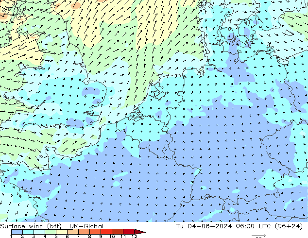 Wind 10 m (bft) UK-Global di 04.06.2024 06 UTC