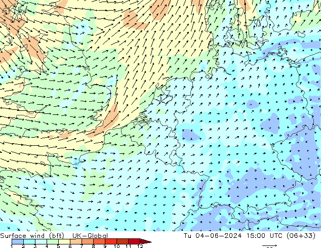 Viento 10 m (bft) UK-Global mar 04.06.2024 15 UTC