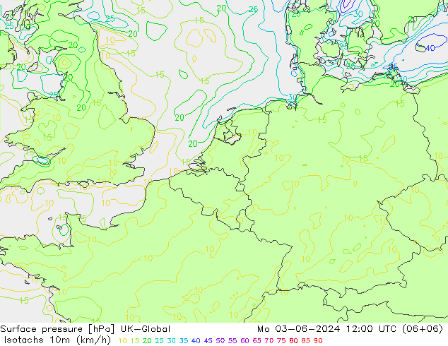 Isotachs (kph) UK-Global lun 03.06.2024 12 UTC