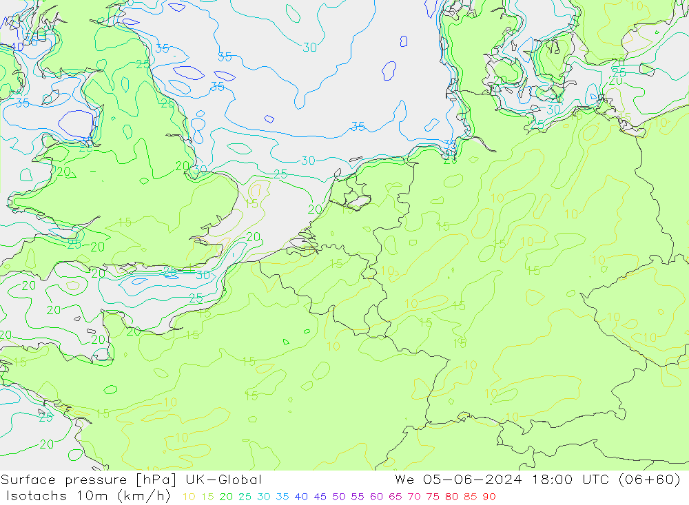 Izotacha (km/godz) UK-Global śro. 05.06.2024 18 UTC