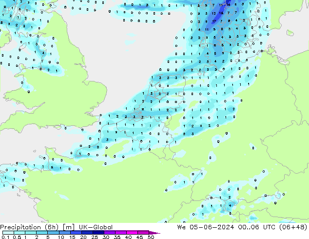 Precipitation (6h) UK-Global St 05.06.2024 06 UTC