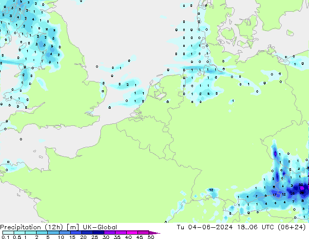 降水量 (12h) UK-Global 星期二 04.06.2024 06 UTC