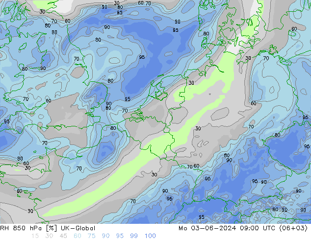 RH 850 hPa UK-Global 星期一 03.06.2024 09 UTC